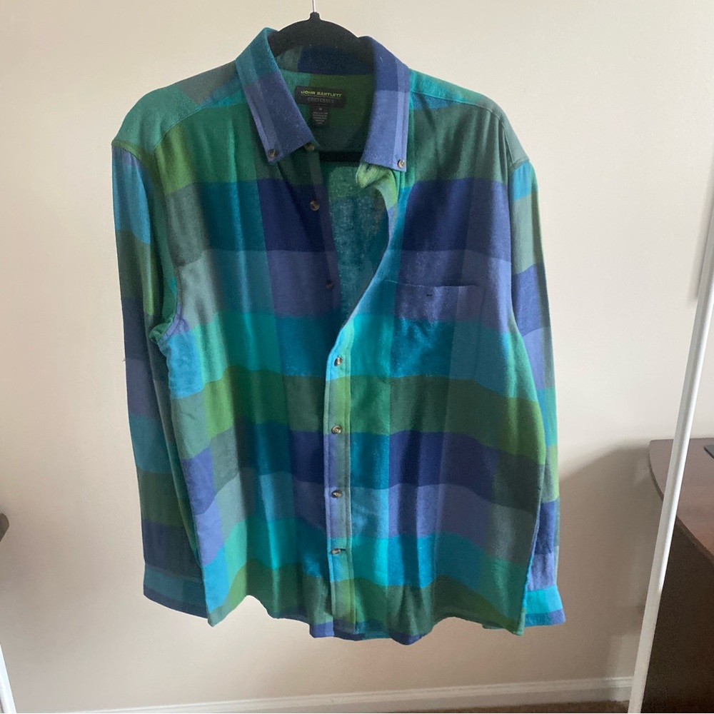 John Bartlett Blue Green Plaid Button Up